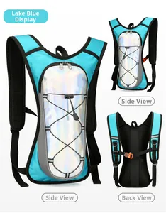 Detail view of lake blue hydration backpack with reflective front pocket and mesh back