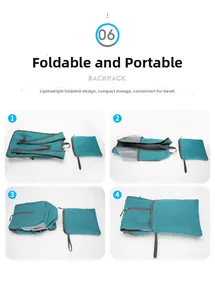 Detail guide showing the four easy steps to fold the water-resistant cycling backpack into a pouch