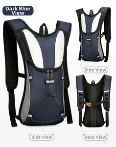 Detail view of water-resistant navy blue cycling backpack with reflective safety strips