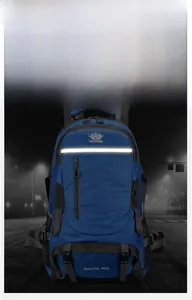 Detail view of 60L hiking backpack with high-visibility reflective strips for night safety