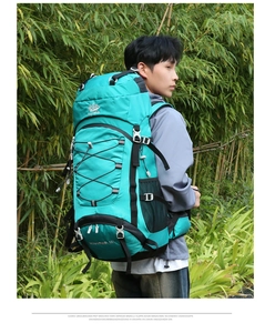 Side view of 60L hiking backpack in lake blue with reinforced straps in bamboo forest