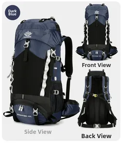 Three-view display of a 60L waterproof navy hiking backpack with professional support