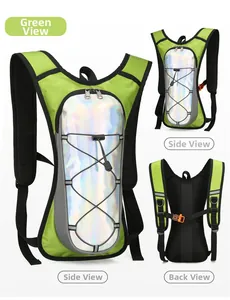 Three-angle view of fluorescent green hydration backpack with holographic panels