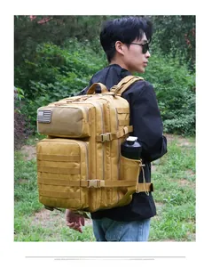 Outdoor tactical camouflage backpack featuring MOLLE system and desert khaki nylon fabric