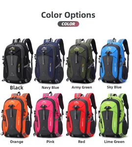 Detail view showing eight color options of a 40L durable outdoor hiking backpack