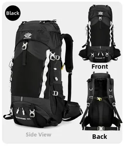 Front, side, and back views of a black 60L waterproof outdoor hiking backpack