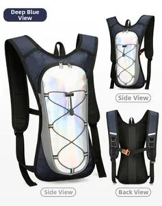 Detail of dark blue cycling backpack showing iridescent reflective panel and mesh back