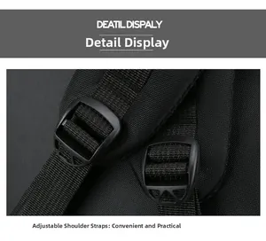 Macro detail of adjustable padded shoulder strap with plastic buckle on black backpack