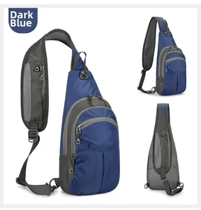 Three-way view of deep blue outdoor sling bag with mesh back and adjustable straps