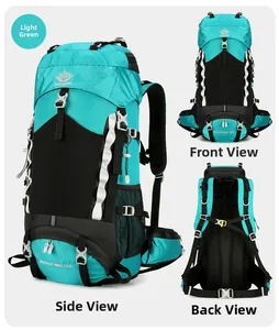 Multiple views of a 60L waterproof outdoor hiking backpack in vibrant light green color