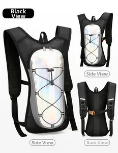 Three-view display of black cycling backpack with iridescent panels and reflective straps