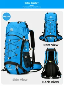 Three-view layout of a 60L sky blue hiking backpack with ergonomic padded back system