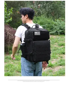 Tactical backpack detail featuring MOLLE system and mesh pocket for water bottle storage