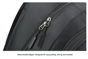 Detail of durable dual metal zippers with textured pull cords on a black backpack