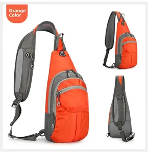 Macro detail of breathable mesh padding and durable orange fabric on hiking chest bag