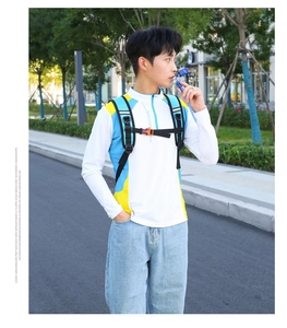Outdoor cycling backpack with blue straps and orange buckles on professional athlete