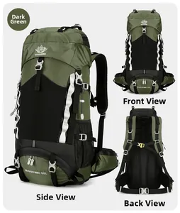60L deep green hiking backpack with multi-angle views of back support and harness system