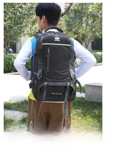 Close-up of a 60L outdoor hiking backpack featuring heavy duty straps and padded back support
