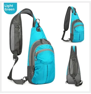 Detailed close-up showing light green outdoor hiking chest bag with multi-pocket design
