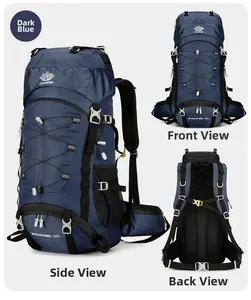 Detailed views of 60L hiking backpack showing front, back and side storage features