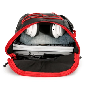 Foldable outdoor hiking backpack in black and red nylon with large storage capacity