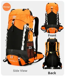Front and back views of 60L orange outdoor hiking backpack with ergonomic support system