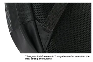 Detail of reinforced triangular stitching on the breathable shoulder strap of the backpack