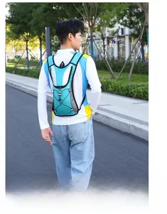 Outdoor cycling water bag backpack in bright blue with breathable mesh straps and bungee cord