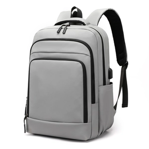 Minimalist light grey business laptop backpack with USB port and multiple compartments