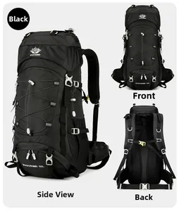 Front and back view of 60L black hiking backpack with ergonomic straps and mesh pockets