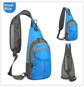 Sapphire blue hiking sling bag featuring breathable mesh strap and headphone port