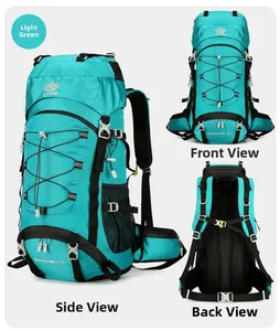Three-view display of 60L light green hiking backpack with padded straps and buckles