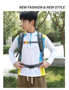 Detail view of adjustable buckles and waist support straps on an outdoor hiking backpack