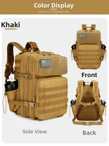 Three perspectives of khaki tactical backpack showing front side and back view detail
