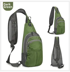 Three views of dark green sling bag showing tear-resistant fabric and mesh strap