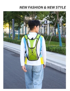 Outdoor hydration pack in neon green with reflective strips on a runner's back