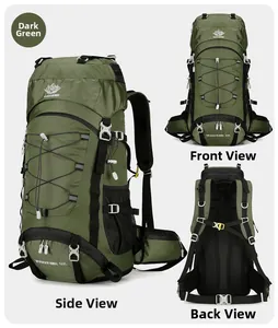 Three-view layout of deep green 60L hiking backpack showing front, back, and side profiles