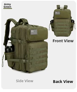 Detail of military green tactical backpack with MOLLE system and US flag patch