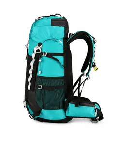 Side view of 60L hiking backpack with tactical straps and breathable mesh pockets