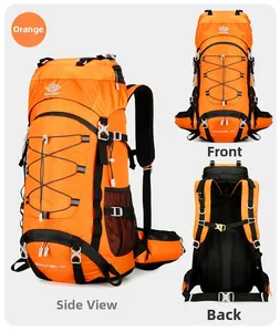 Three views of a 60L orange hiking backpack with breathable mesh back and bungee system
