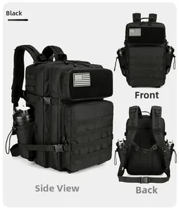 Detailed views of black tactical backpack with MOLLE system and padded straps