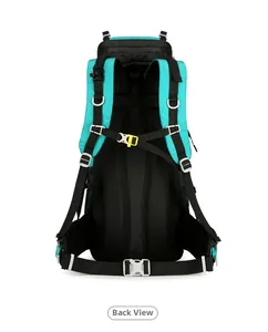 Ergonomic back view of 60L hiking backpack with breathable mesh and chest whistle buckle