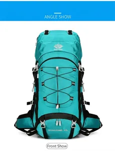 Front view of 60L hiking backpack in cyan blue with buckle straps and logo detail