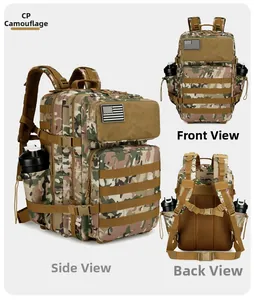 Detailed views of CP Camouflage tactical backpack featuring MOLLE system and US flag patch