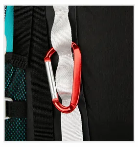 Macro detail of the front webbing with a red D-ring buckle on a 60L hiking backpack