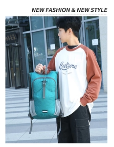 Détails du sac à dos de cyclisme pliable bleu sarcelle montrant la texture et les poches