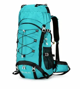 Side view of 60L outdoor hiking backpack with durable nylon fabric and ergonomic straps