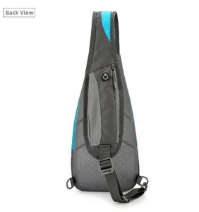 Outdoor hiking chest bag back view showing breathable mesh padding and earphone port