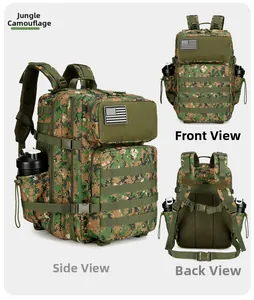 Tactical camouflage backpack featuring MOLLE system and American flag velcro patch details