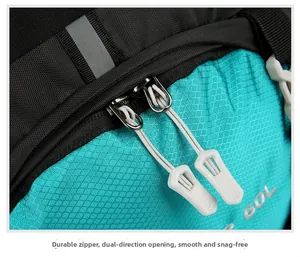 Close-up of 60L hiking backpack durable dual zippers and ripstop fabric texture